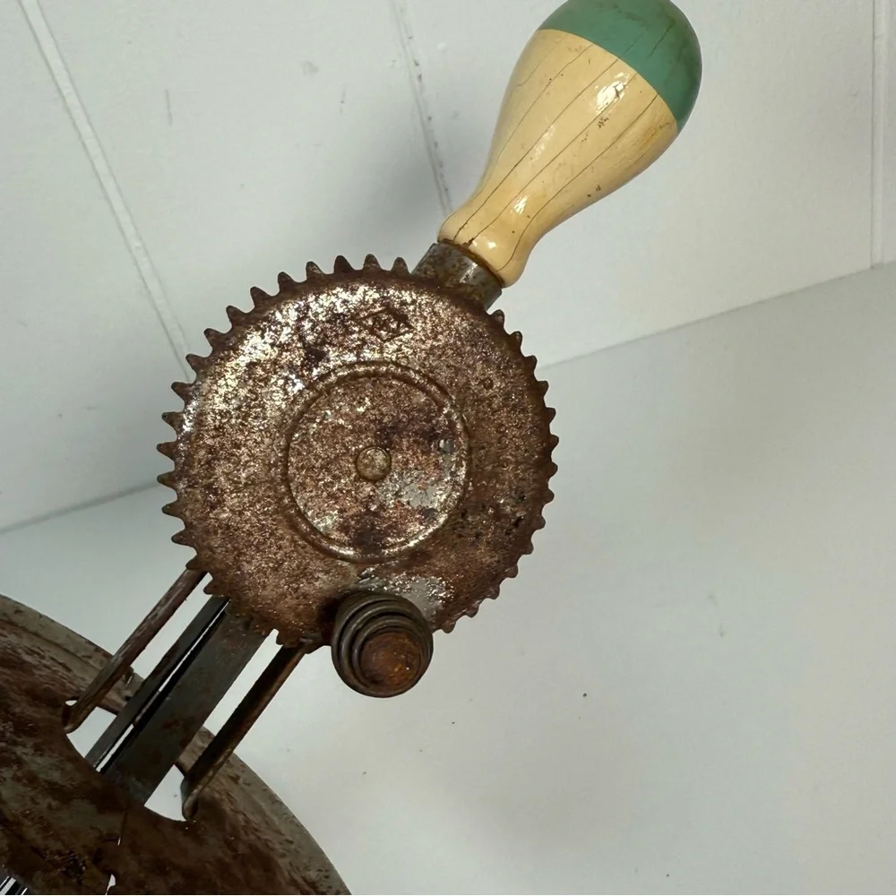 Antique (Green & Cream) A&J Kitchen Egg Beater Wood Handle Farmhouse Decor